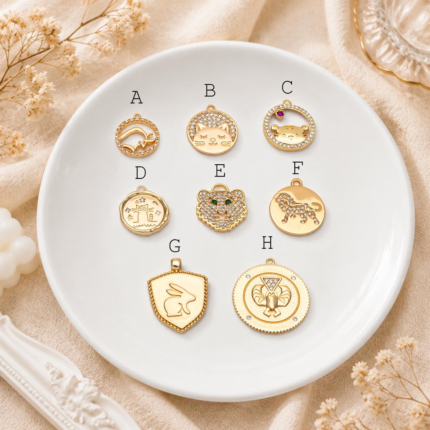 4pcs CZ Pave Gold Animal Charms, Earring Findings, Jewelry Making, Diy Material, Jewelry Supplies (GB-2507)