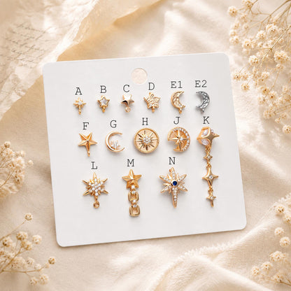 4pcs Moon and Star Earring, Gold Plated Brass Stud Earrings (#GB-311)