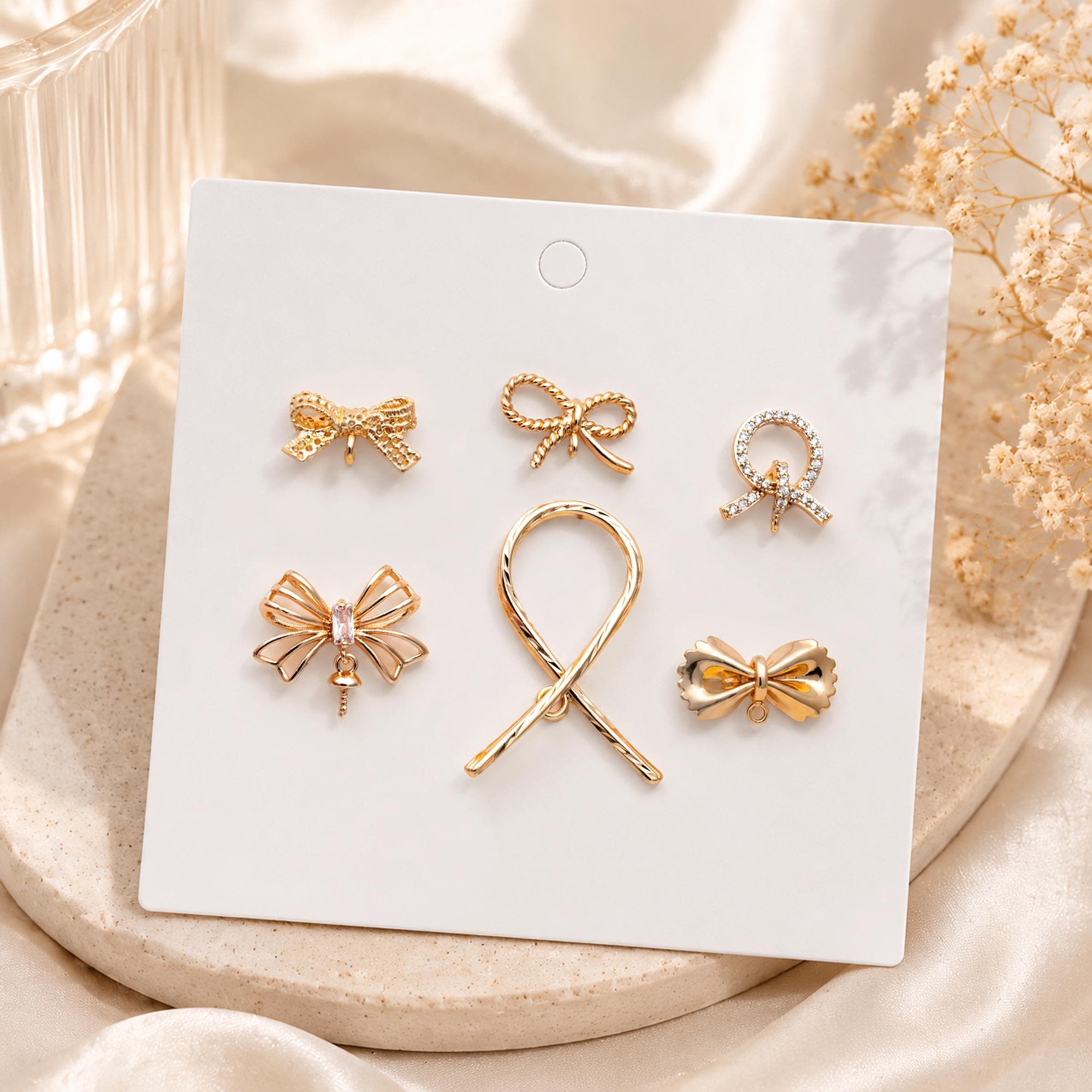 4pcs CZ Pave Gold Ear Post, Bowknot Stud Earring with Loop (#GB-747)