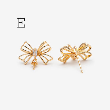 4pcs CZ Pave Gold Ear Post, Bowknot Stud Earring with Loop (#GB-747)