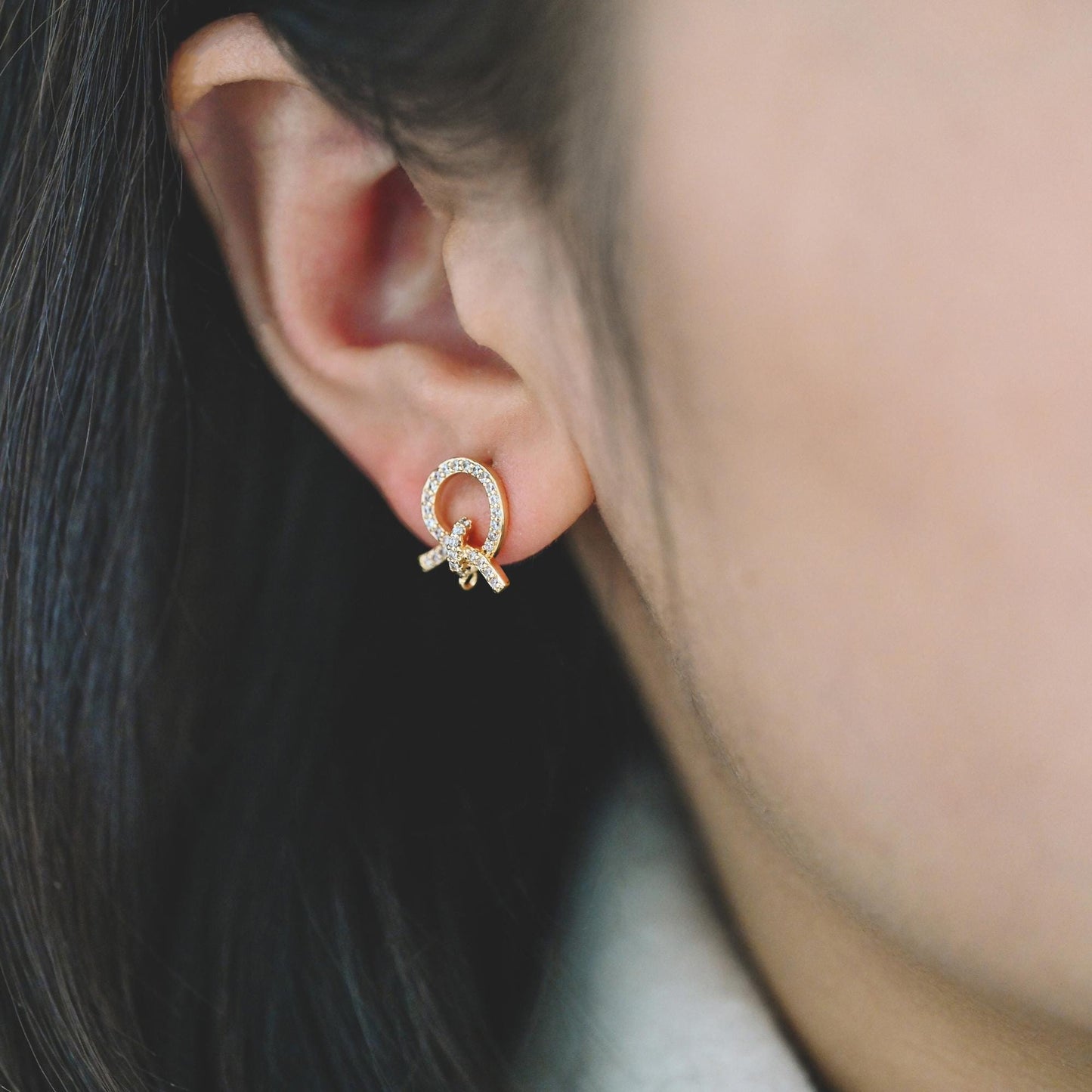 4pcs CZ Pave Gold Ear Post, Bowknot Stud Earring with Loop (#GB-747)