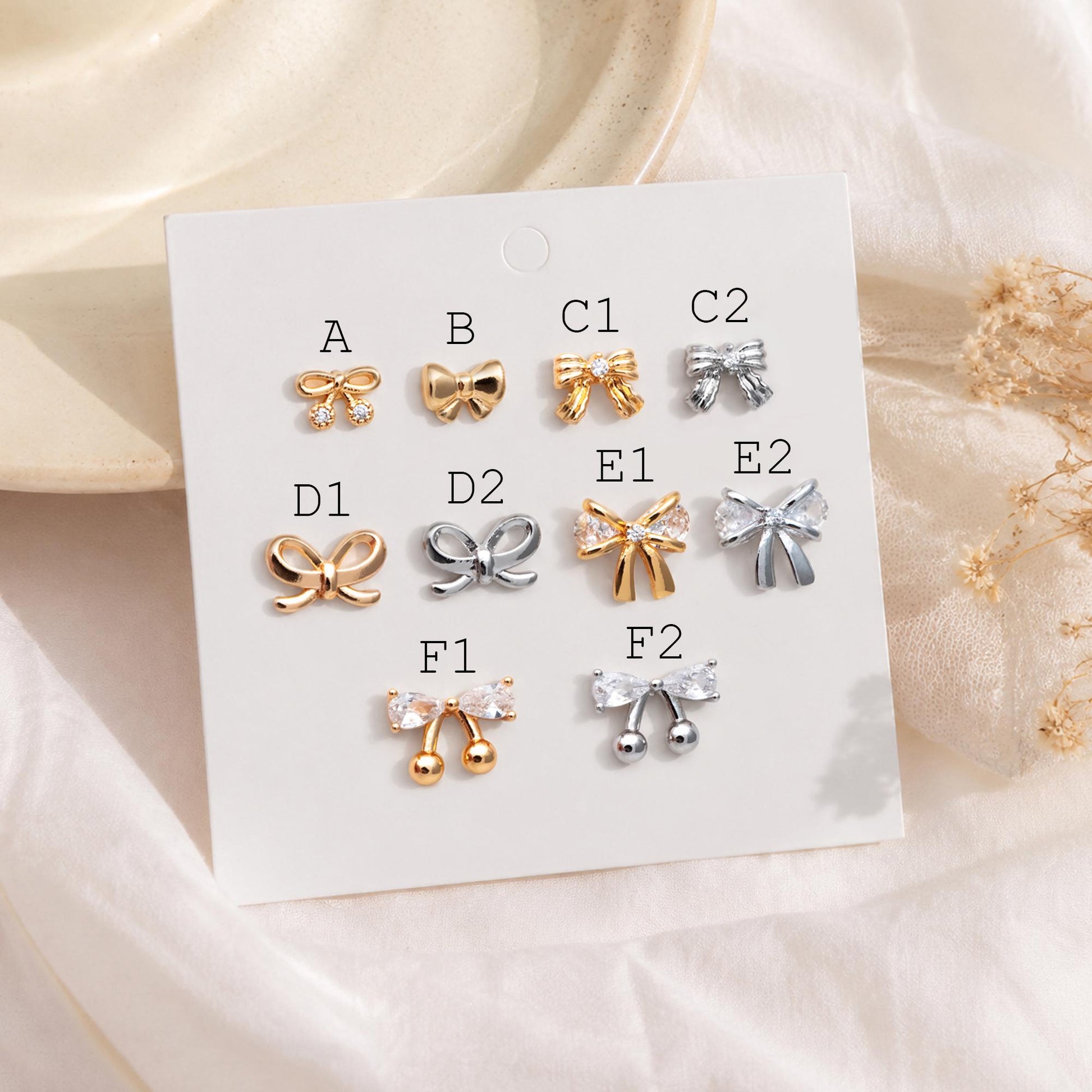 10pcs Tiny Bowknot Stud Earrings: 18K Gold Plated Brass (GB-4257)