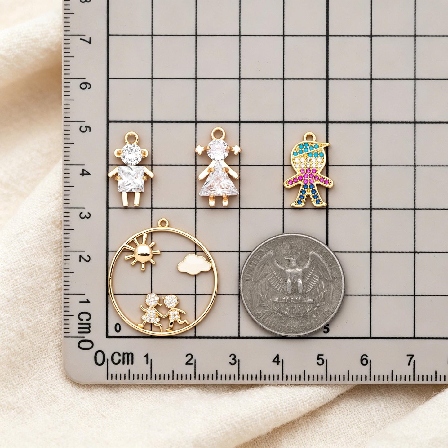 10pcs Gold Boy and Girl Charms 18mm, Gold plated Brass Cubic Zirconia Pendants (GB-172)