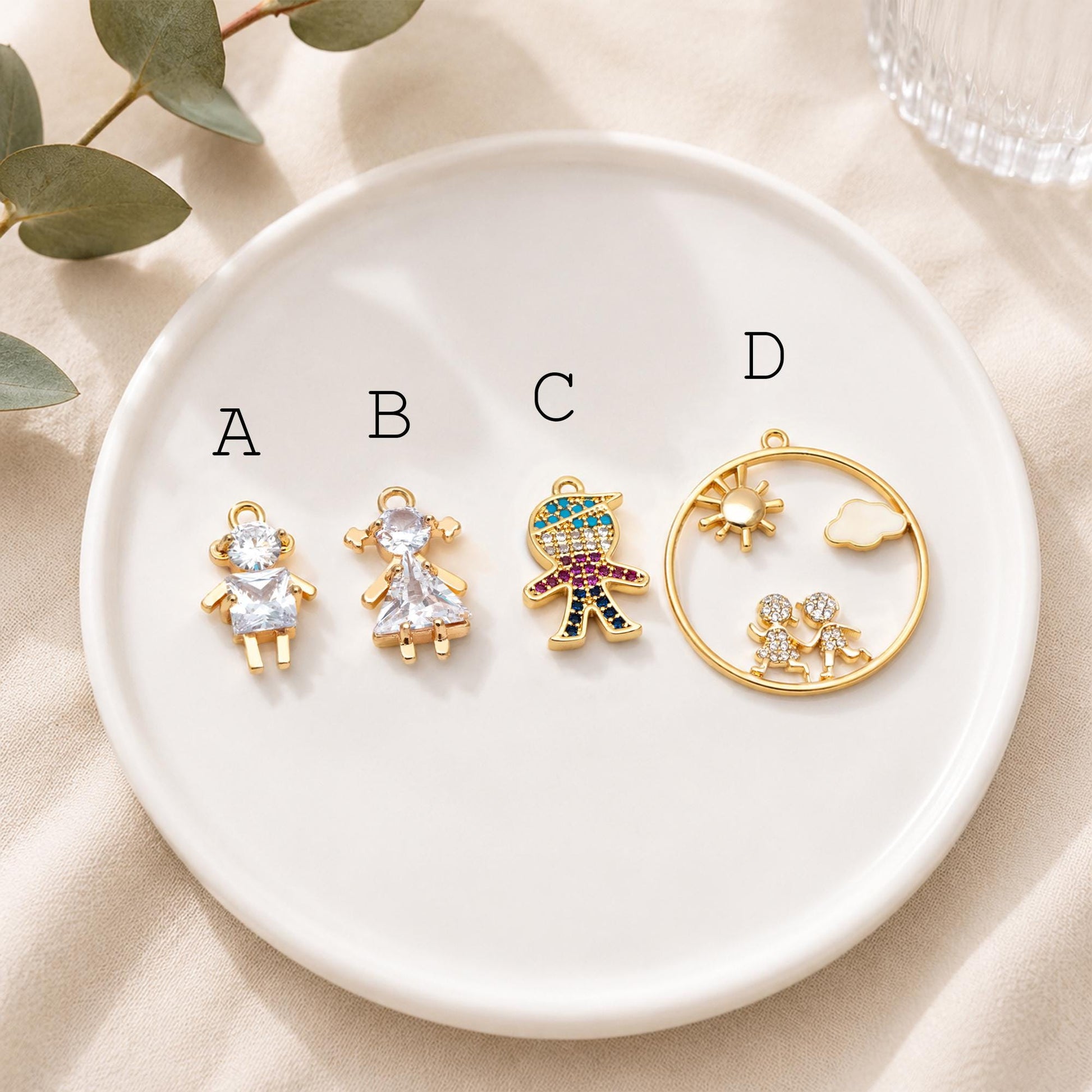 10pcs Gold Boy and Girl Charms 18mm, Gold plated Brass Cubic Zirconia Pendants (GB-172)