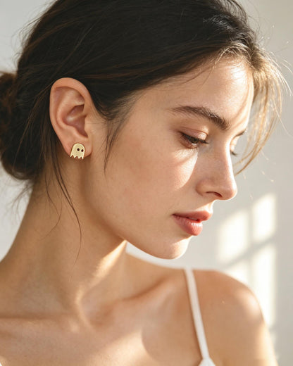 10pcs Gold Halloween Earrings , Gold Plated Brass Ghost Stud Earrings (GB-3312)