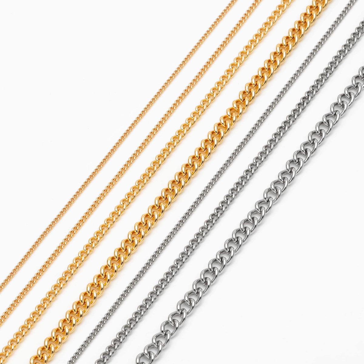 Gold/ Silver Tone Curb Chains 1.3/ 1.6/ 2.5/ 4mm, 18K Gold/ Rhodium plated Brass (#LK-249)/ 1 Meter=3.3 ft
