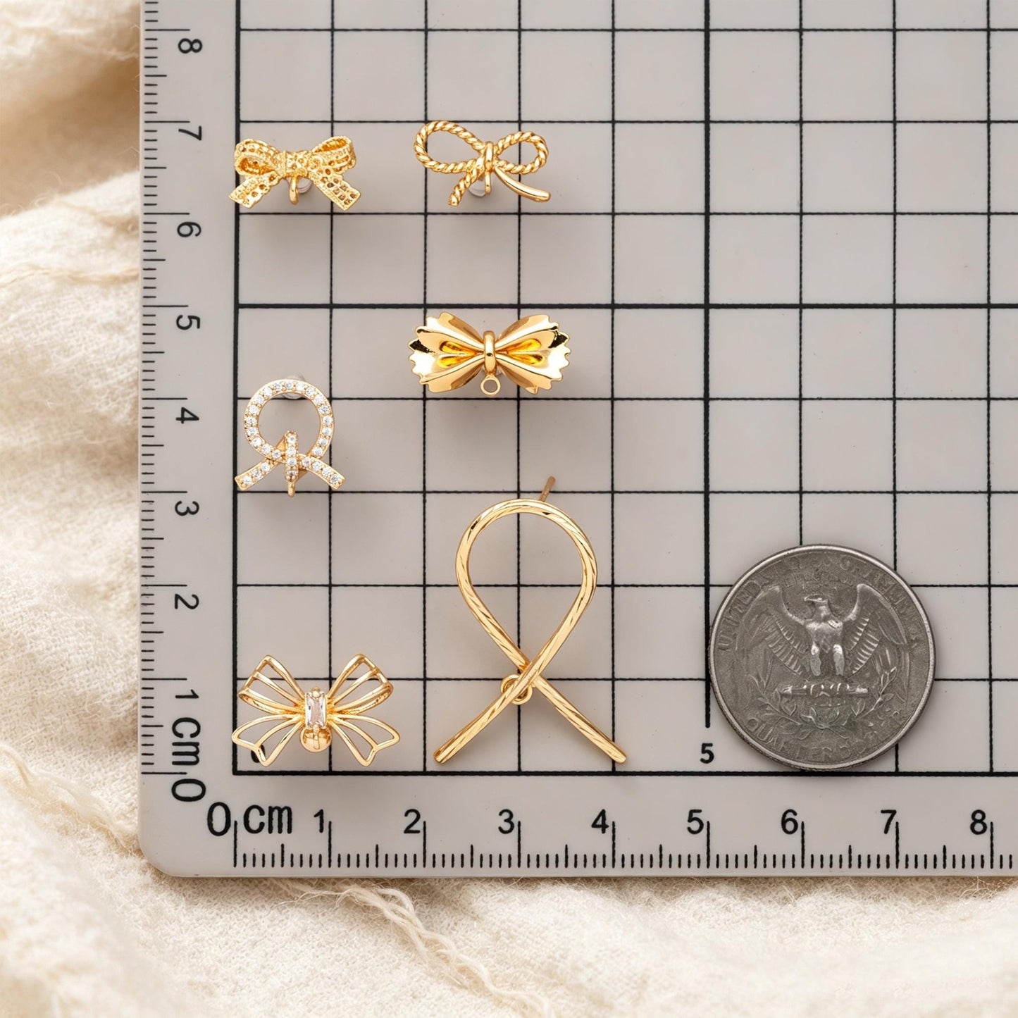 4pcs CZ Pave Gold Ear Post, Bowknot Stud Earring with Loop (#GB-747)