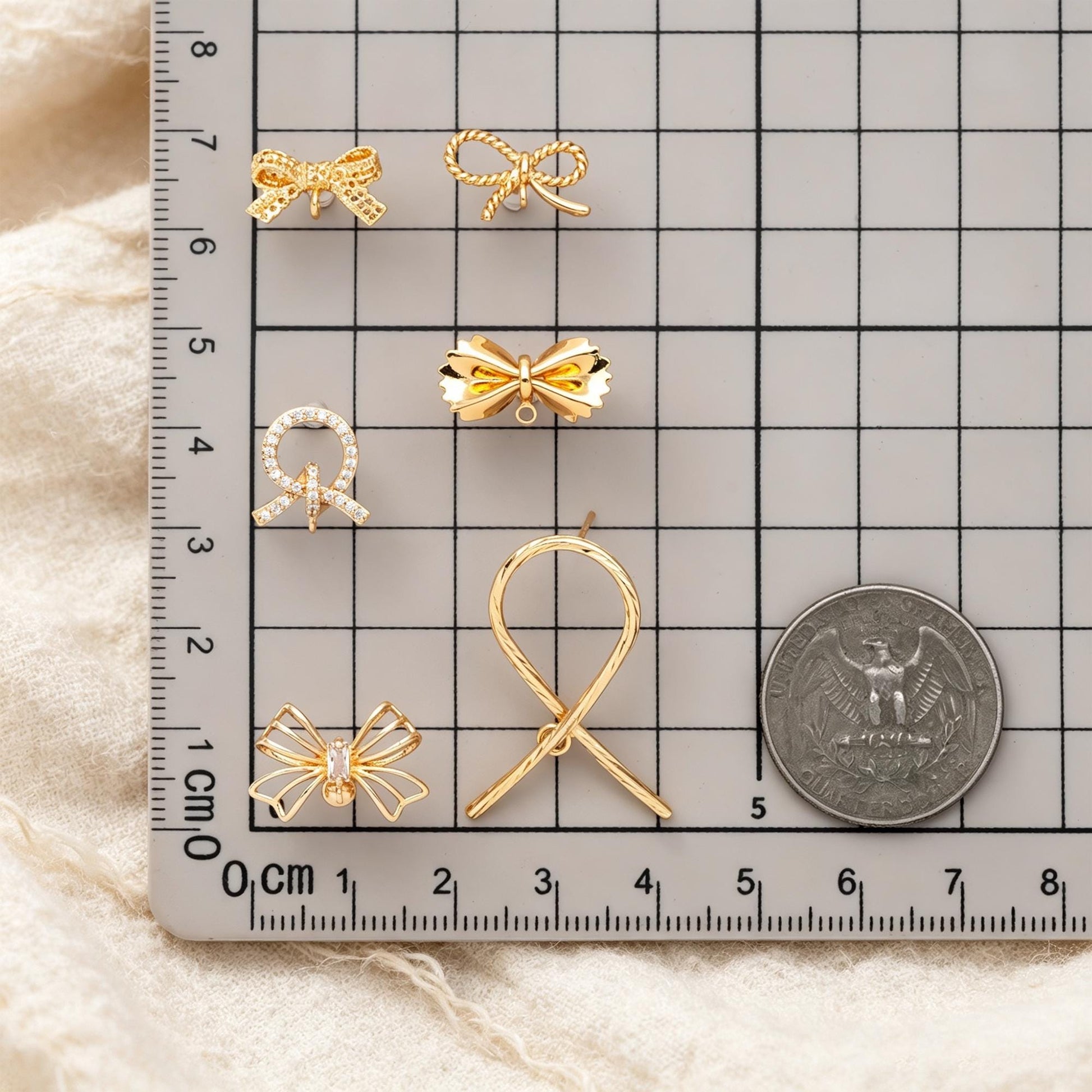 4pcs CZ Pave Gold Ear Post, Bowknot Stud Earring with Loop (#GB-747)