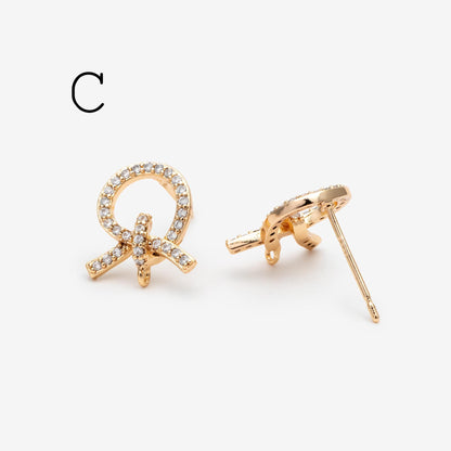 4pcs CZ Pave Gold Ear Post, Bowknot Stud Earring with Loop (#GB-747)