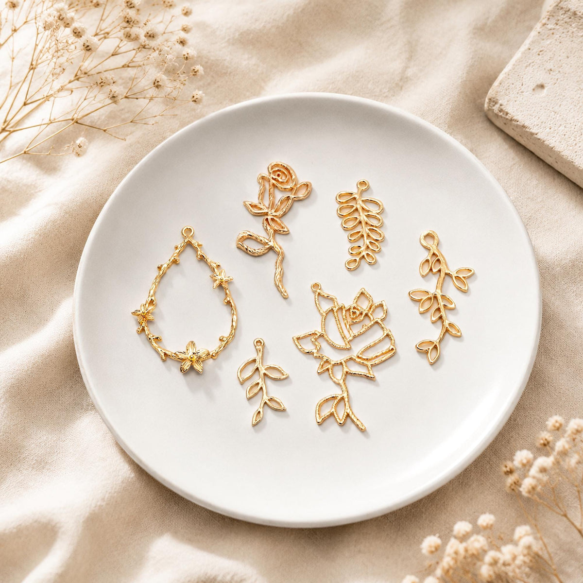 10pcs Gold Leaf Flower Charms, 18K Gold plated Brass, Dainty Earring Pendants (GB-120)