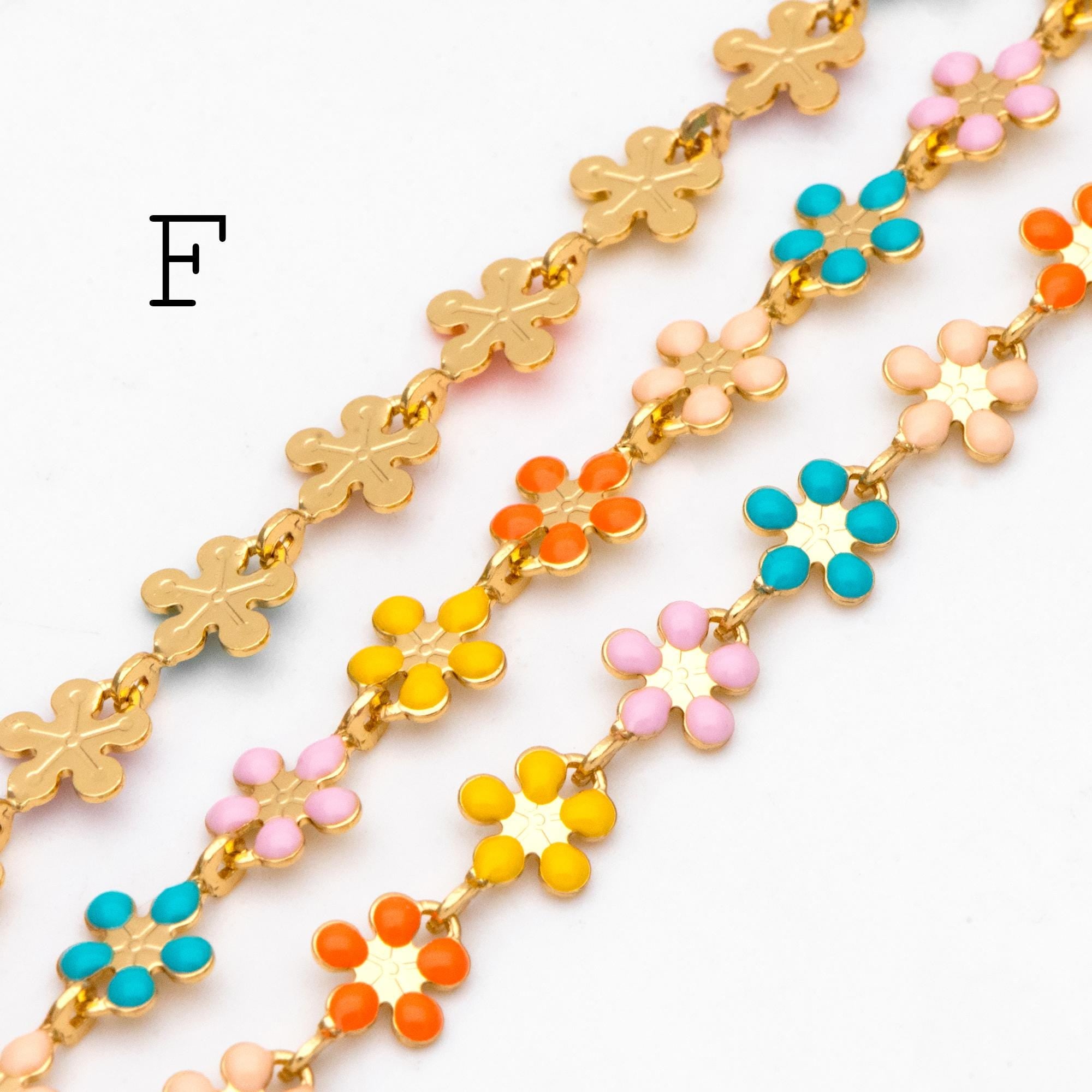 Mix Color Enamel Flower Chain, Gold Plated Brass Designer Chain 6mm, Floral Link Chain Findings (#LK-581)/ 1 Meter=3.3ft