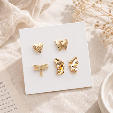 10pcs Gold Dragonfly Butterfly Heart Earring with Loop, Gold Plated Brass Stud Earrings, Jewelry Findings, Wholesale Supplies (GB-415)
