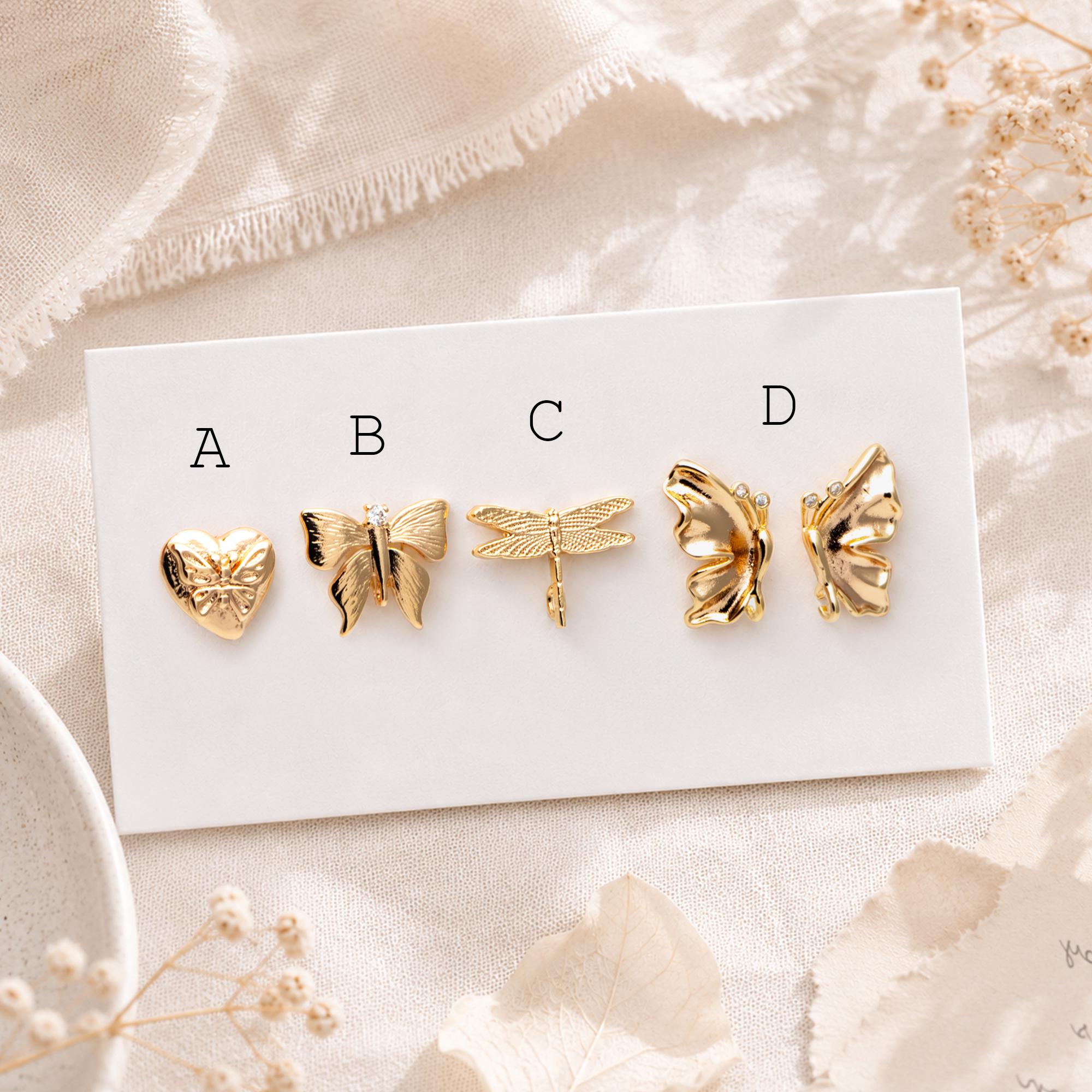 10pcs Gold Dragonfly Butterfly Heart Earring with Loop, Gold Plated Brass Stud Earrings, Jewelry Findings, Wholesale Supplies (GB-415)