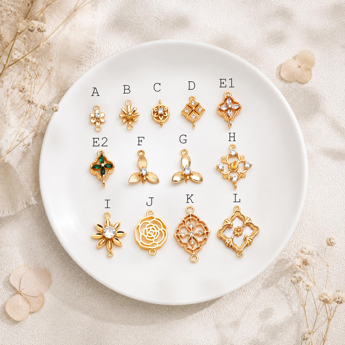 10pcs Gold Flower Charms , 18K Gold plated Brass, Floral Connector Pendants (GB-3780)