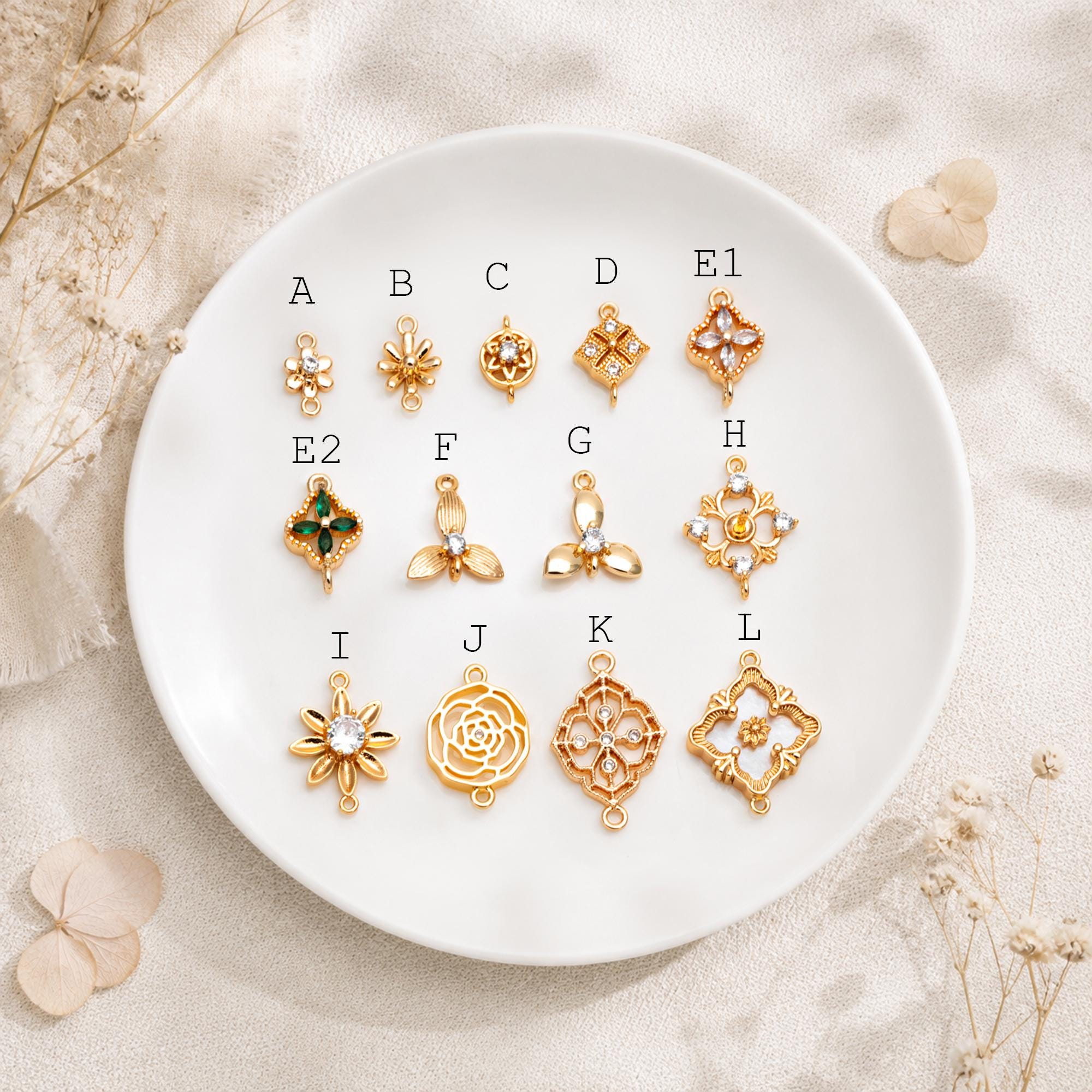 10pcs Gold Flower Charms , 18K Gold plated Brass, Floral Connector Pendants (GB-3780)