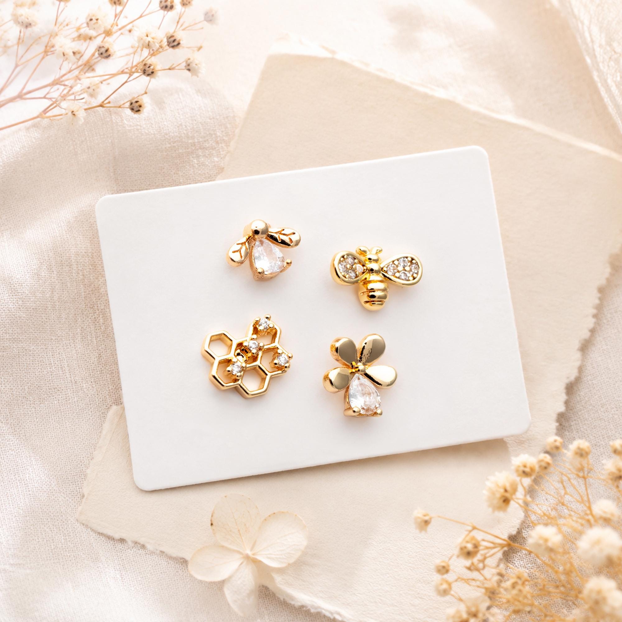 10pcs CZ Pave Gold Flower Bee Honeycomb Earrings, Gold Plated Brass, Dainty Flower Stud Earrings (GB-3896)