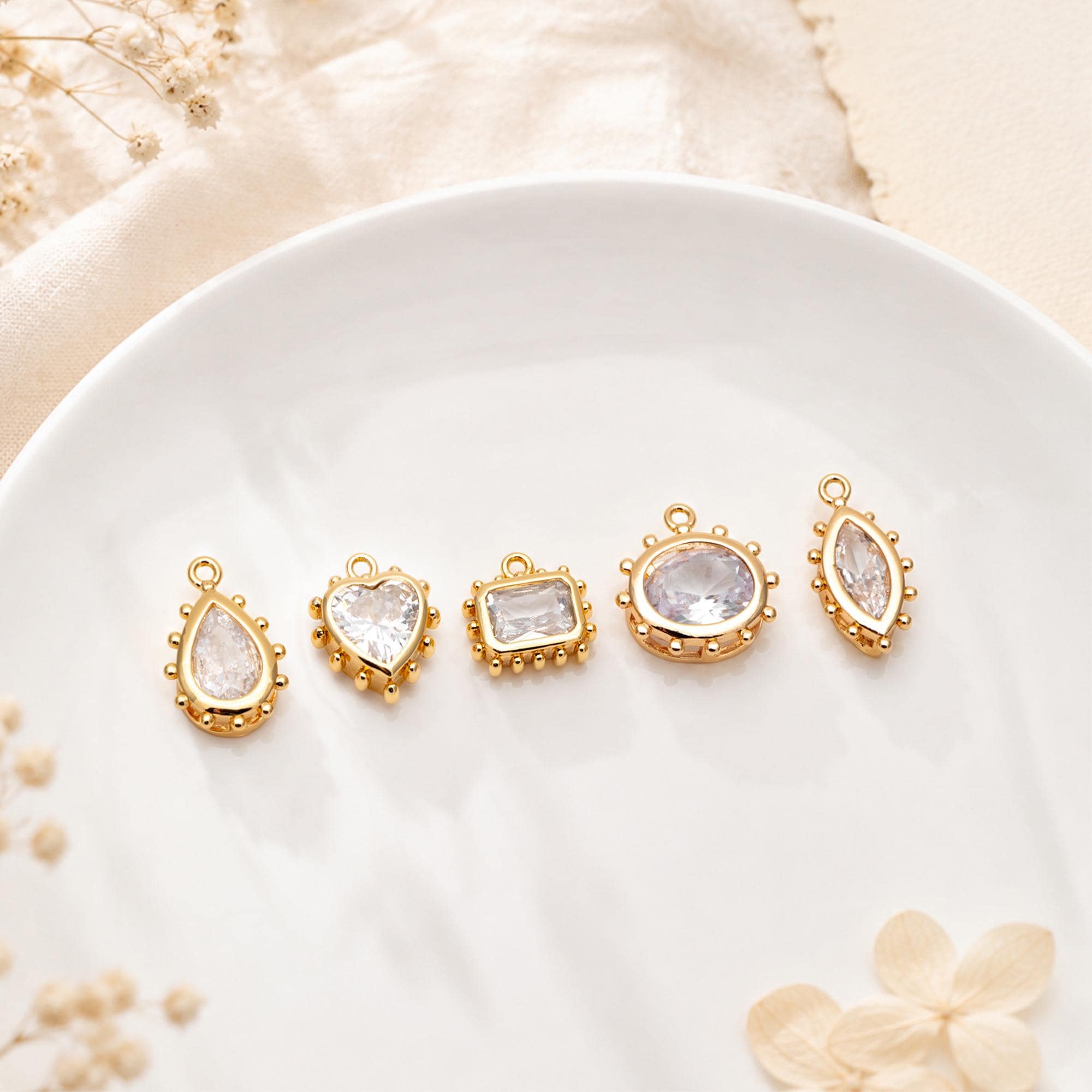 10pcs CZ Pave Teardrop/ Heart/ Rectangle/ 0val/ Marquise Charms, Gold plated Brass, Geometric Earring Charms (GB-4122)
