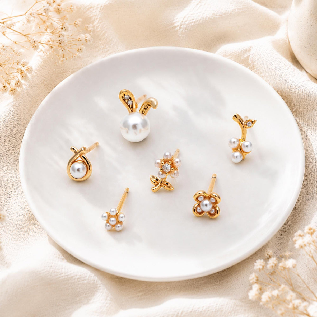 10pcs Gold/ Silver Faux Pearl Earrings, 18K Real Gold/ Rhodium Plated Brass, Dainty Stud Earring (#GB-4681)