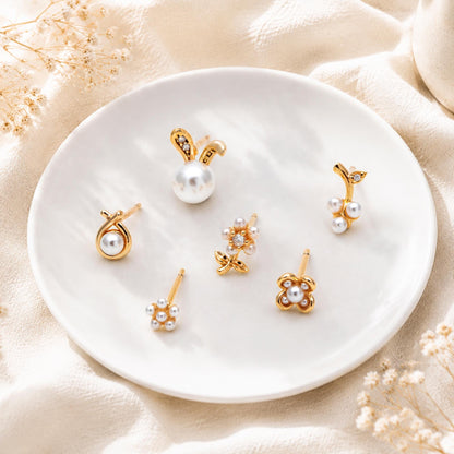 10pcs Gold/ Silver Faux Pearl Earrings, 18K Real Gold/ Rhodium Plated Brass, Dainty Stud Earring (#GB-4681)