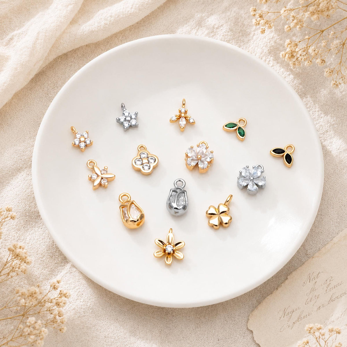 10pcs Gold/ Silver Tone Flower Leaf Charms, 18K Real Gold/ Rhodium plated Brass, Tiny Floral Pendants (GB-1762)