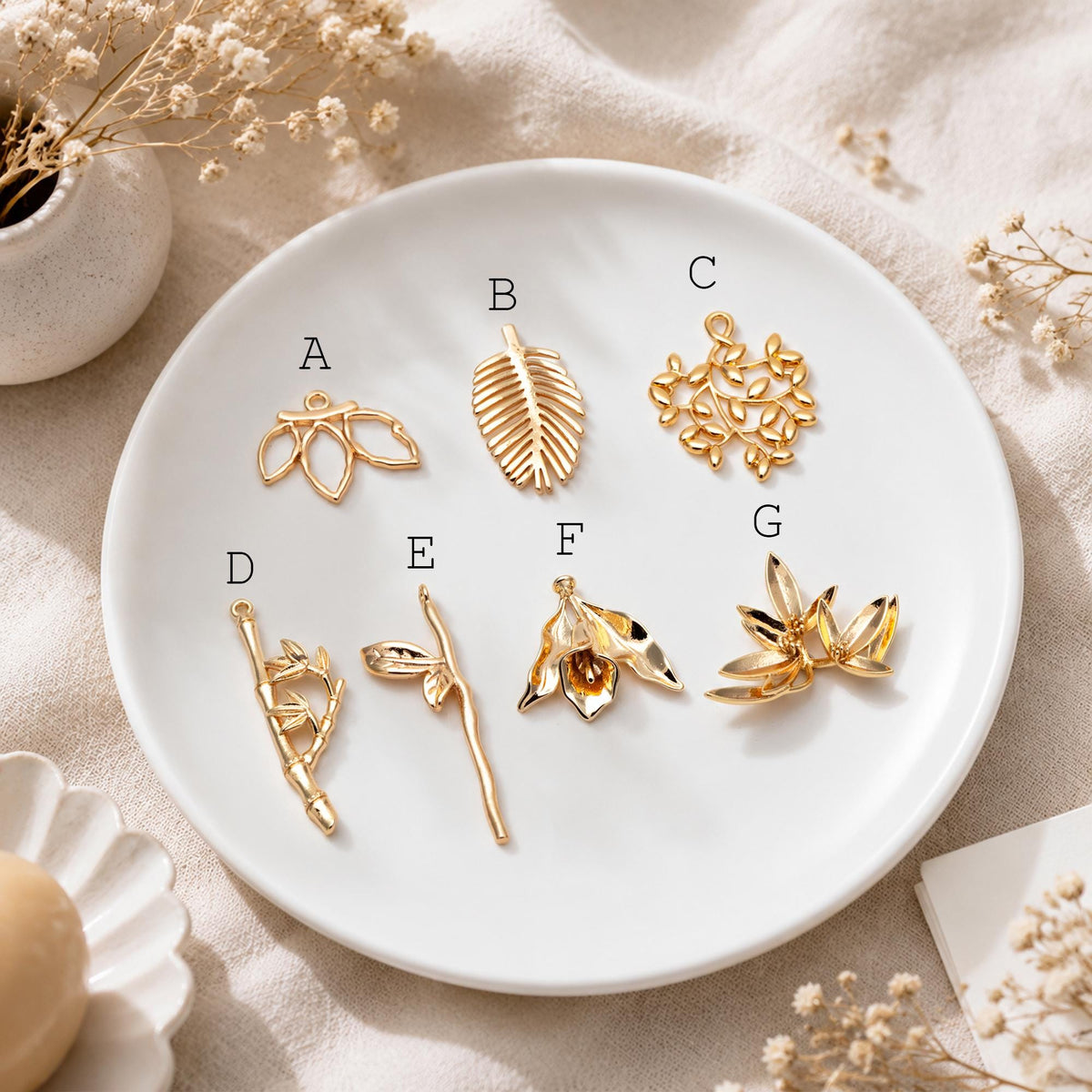 10pcs Gold Leaf Flower Charms , 18K Gold plated Brass, Dainty Earring Pendants (GB-3770)