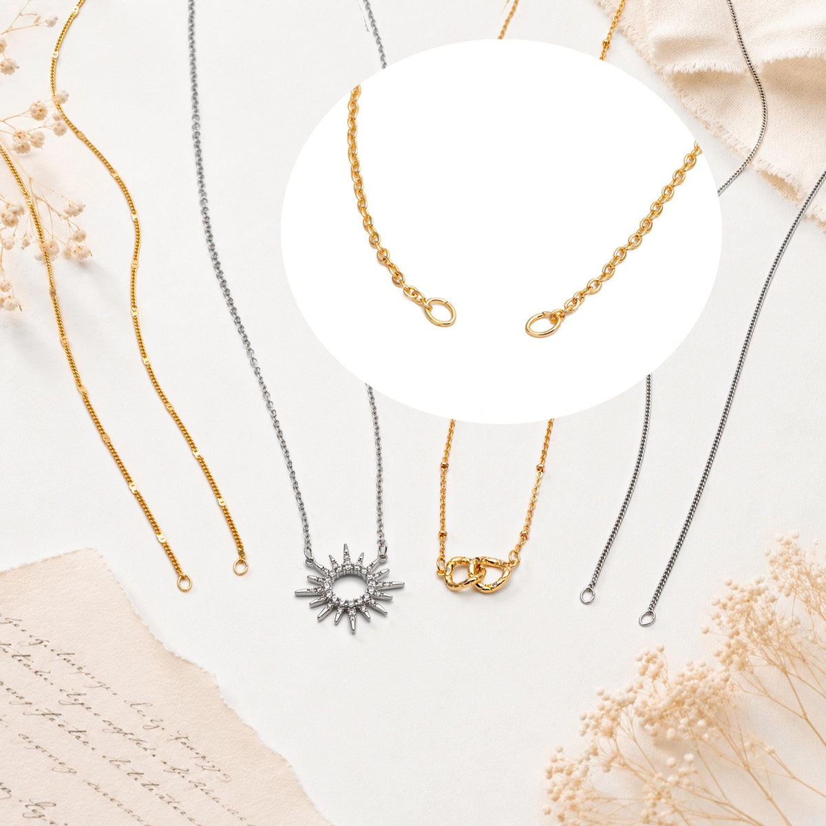 Half Finished Necklace, Gold/ Silver Unfinished Chain for Double Loop Pendants, 16-18 Inch Adjustable (#LK-630)