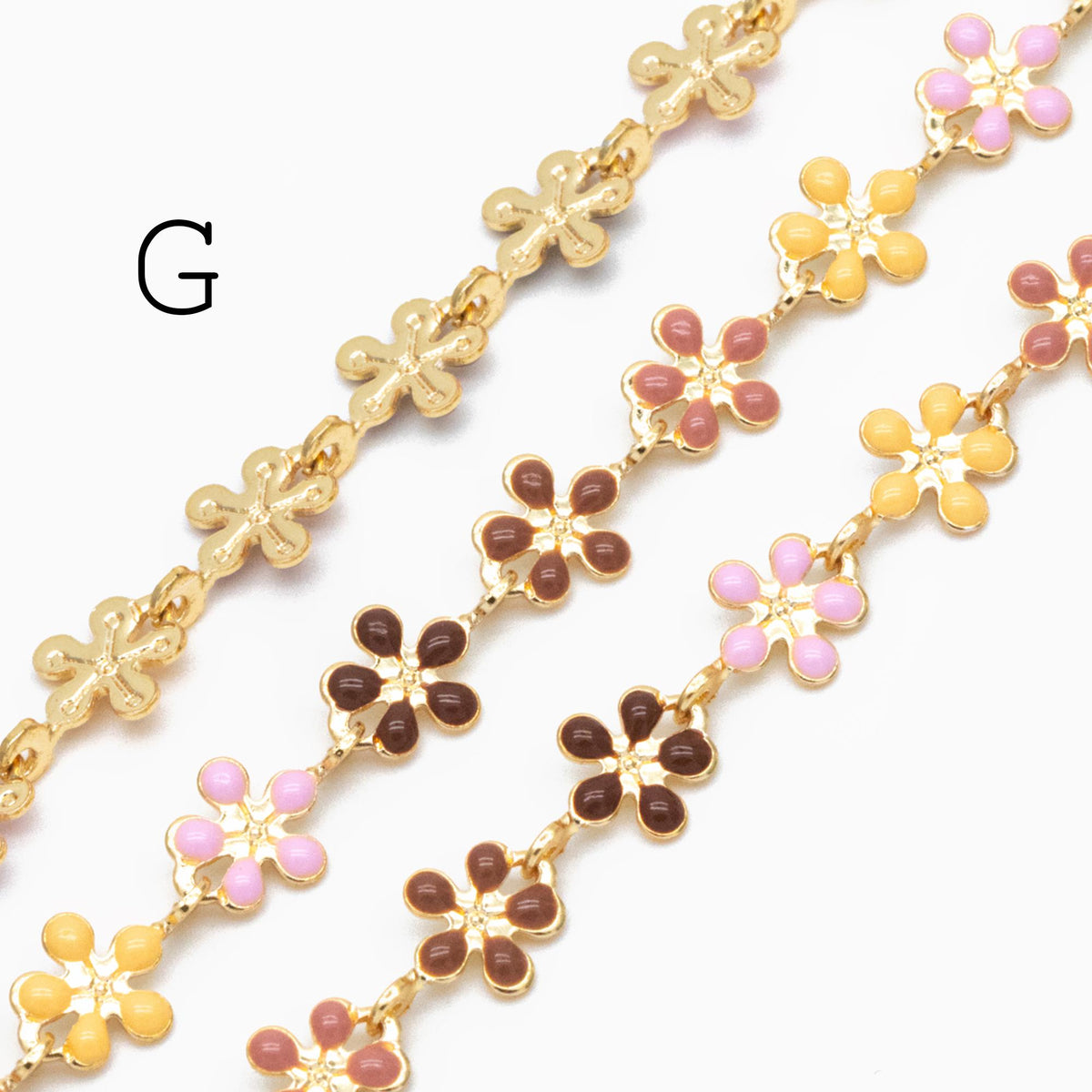 Mix Color Enamel Flower Chain, Gold Plated Brass Designer Chain 6mm, Floral Link Chain Findings (#LK-581)/ 1 Meter=3.3ft