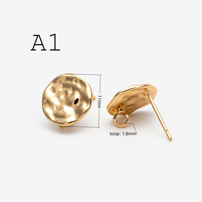 10pcs Gold/ Silver waved Round Disc textured Ear Posts 12x10mm, 18K Gold/ Rhodium plated Brass, Geometric Stud Earring Components (GB-1161)