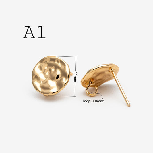 10pcs Gold/ Silver waved Round Disc textured Ear Posts 12x10mm, 18K Gold/ Rhodium plated Brass, Geometric Stud Earring Components (GB-1161)