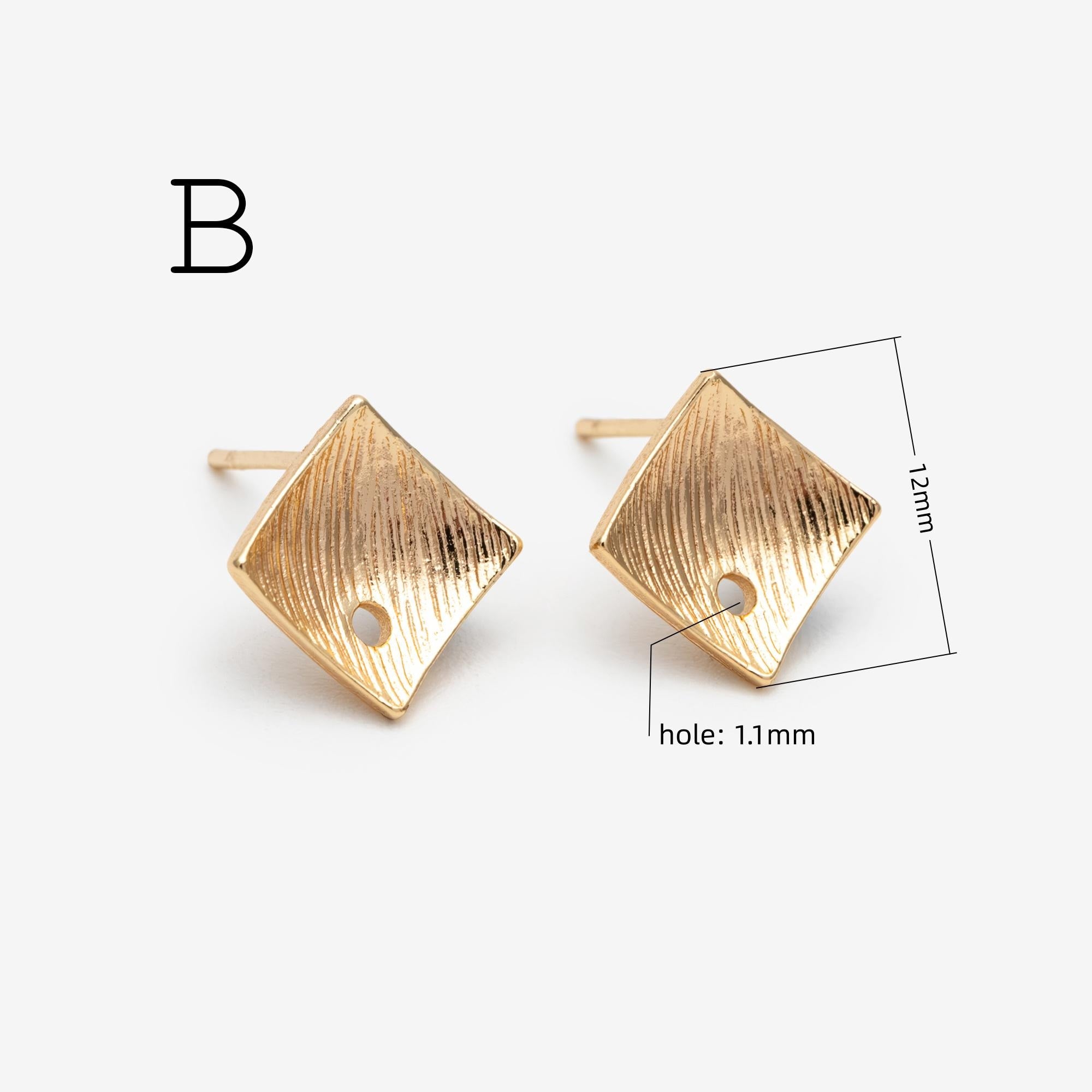 10pcs Gold Curved Rhombus Earring With A Loop, Real Gold Plated Brass Geometric Earring Studs (GB-3214)