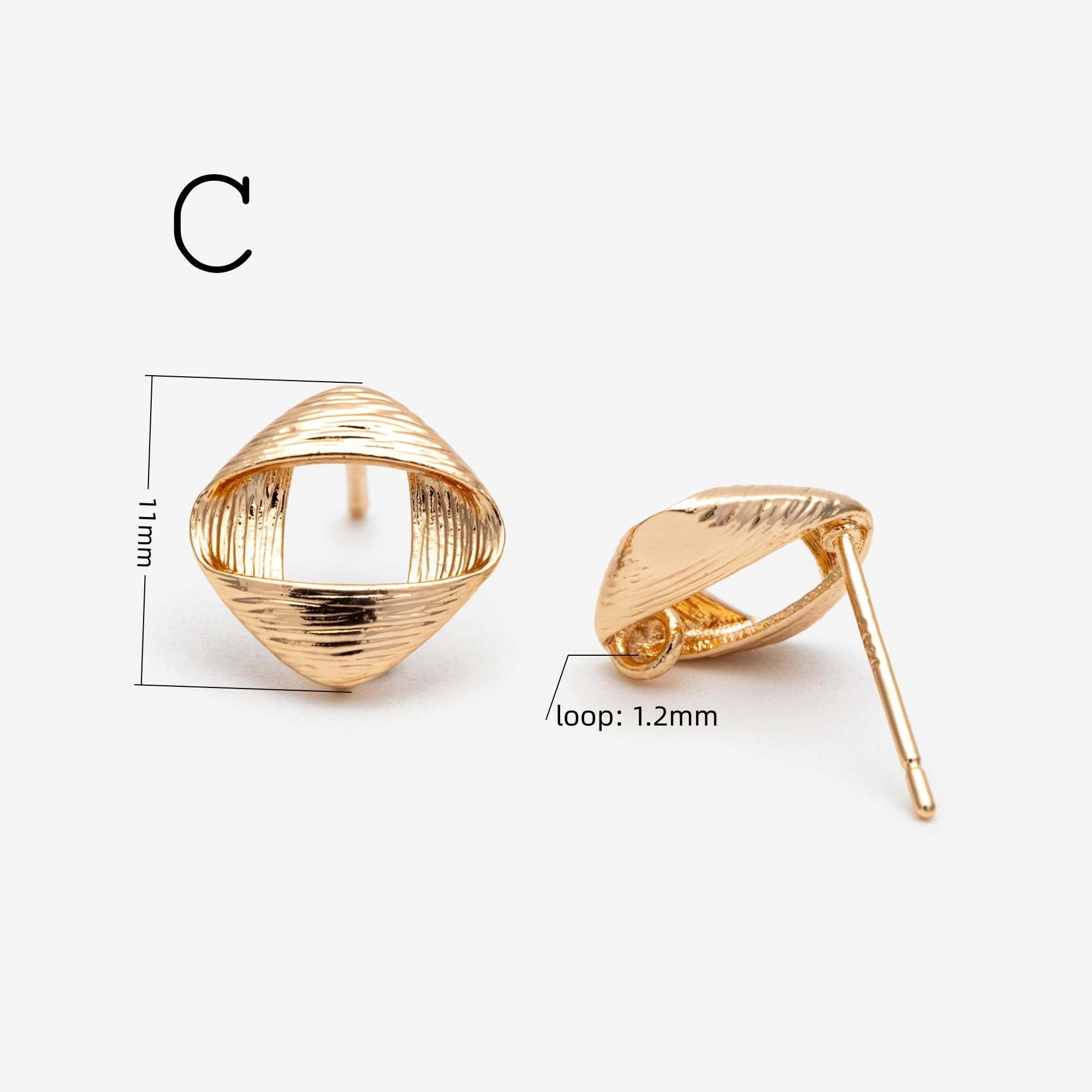 10pcs Gold Curved Rhombus Earring With A Loop, Real Gold Plated Brass Geometric Earring Studs (GB-3214)