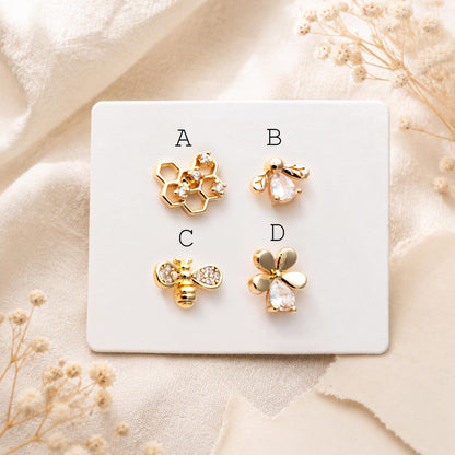 10pcs CZ Pave Gold Flower Bee Honeycomb Earrings, Gold Plated Brass, Dainty Flower Stud Earrings (GB-3896)