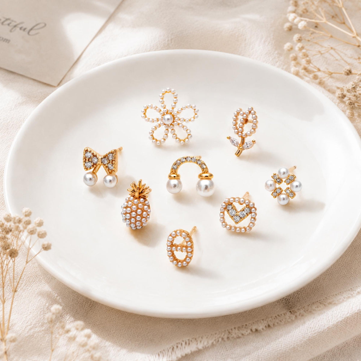 4pcs Gold/ Silver Faux Pearl Earrings, 18K Real Gold/ Rhodium Plated Brass, Dainty Stud Earring (#GB-4682)