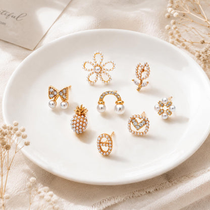 4pcs Gold/ Silver Faux Pearl Earrings, 18K Real Gold/ Rhodium Plated Brass, Dainty Stud Earring (#GB-4682)