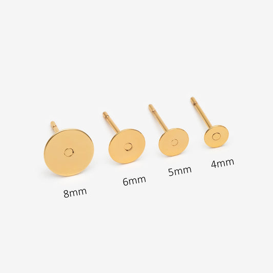 20pcs Gold Flat Ear Posts, 18K Real Gold plated Brass, Stud Earring Findings, 4/ 5/ 6/ 8mm Flat Pad (GB-2264)