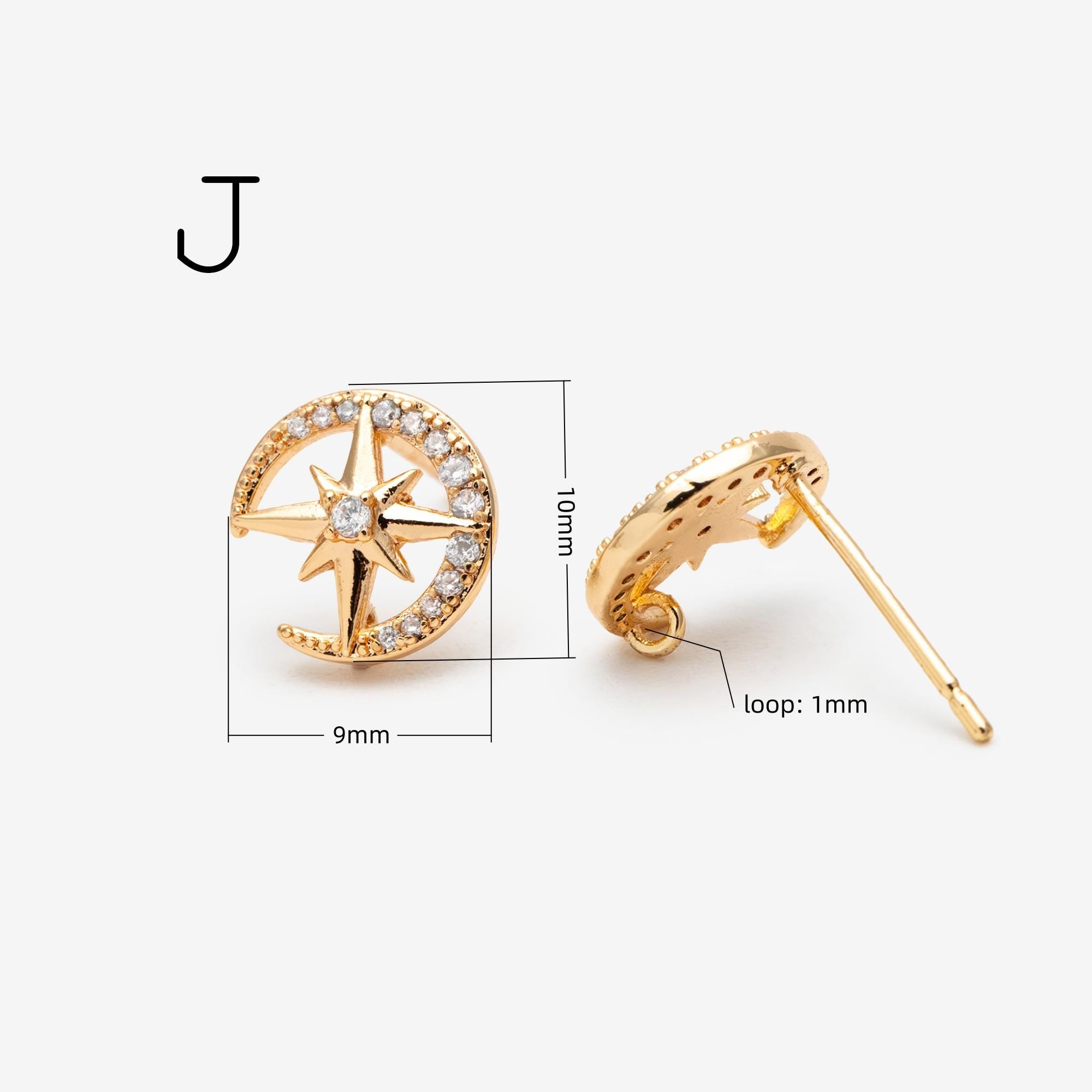 4pcs Moon and Star Earring, Gold Plated Brass Stud Earrings (#GB-311)