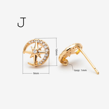 4pcs Moon and Star Earring, Gold Plated Brass Stud Earrings (#GB-311)