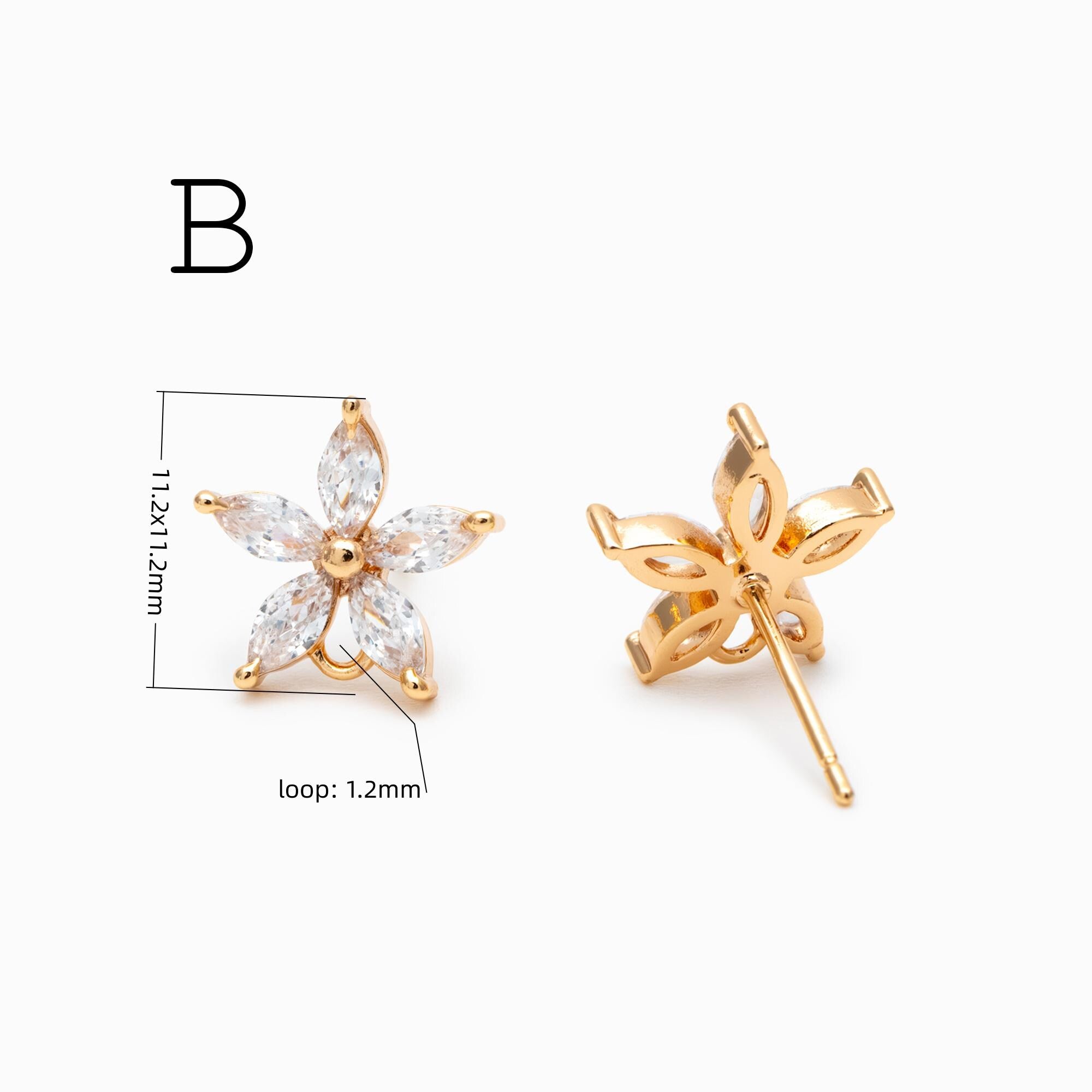 4pcs CZ Pave Flower Heart Earring with Loop, Gold Plated Brass leaf Stud Earrings, Dainty Earring, Wholesale Supplies (GB-314)