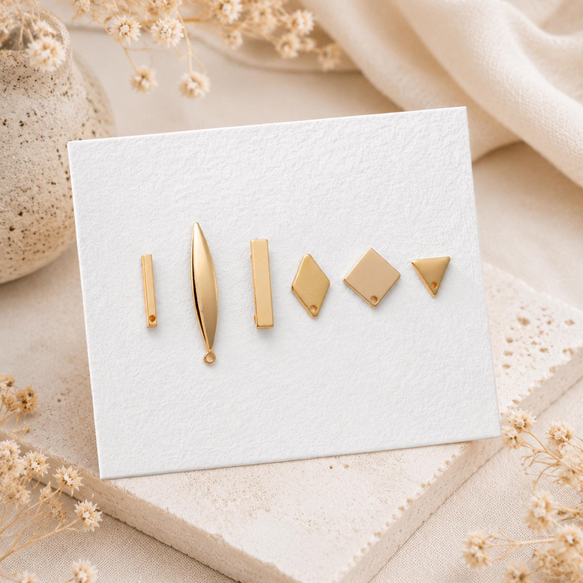 10pcs Gold Ear Posts with Loops, 18K Gold Plated Brass, Square Triangle Rhombus Round, Geometric Stud Earring Components (GB-494)