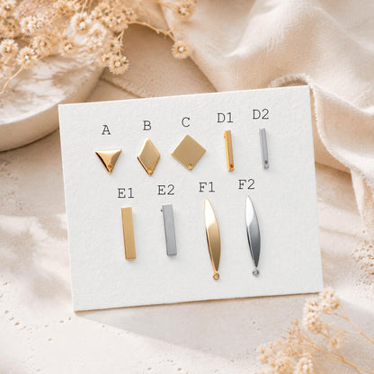 10pcs Gold Ear Posts with Loops, 18K Gold Plated Brass, Square Triangle Rhombus Round, Geometric Stud Earring Components (GB-494)