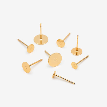 20pcs Gold Flat Ear Posts, 18K Real Gold plated Brass, Stud Earring Findings, 4/ 5/ 6/ 8mm Flat Pad (GB-2264)