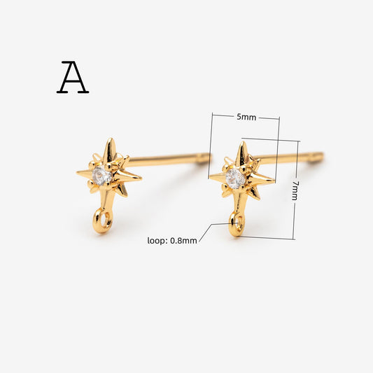 4pcs Moon and Star Earring, Gold Plated Brass Stud Earrings (#GB-311)
