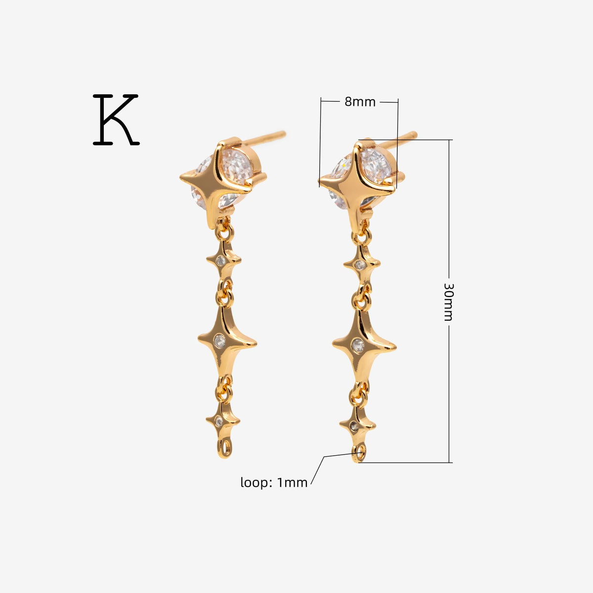 4pcs Moon and Star Earring, Gold Plated Brass Stud Earrings (#GB-311)