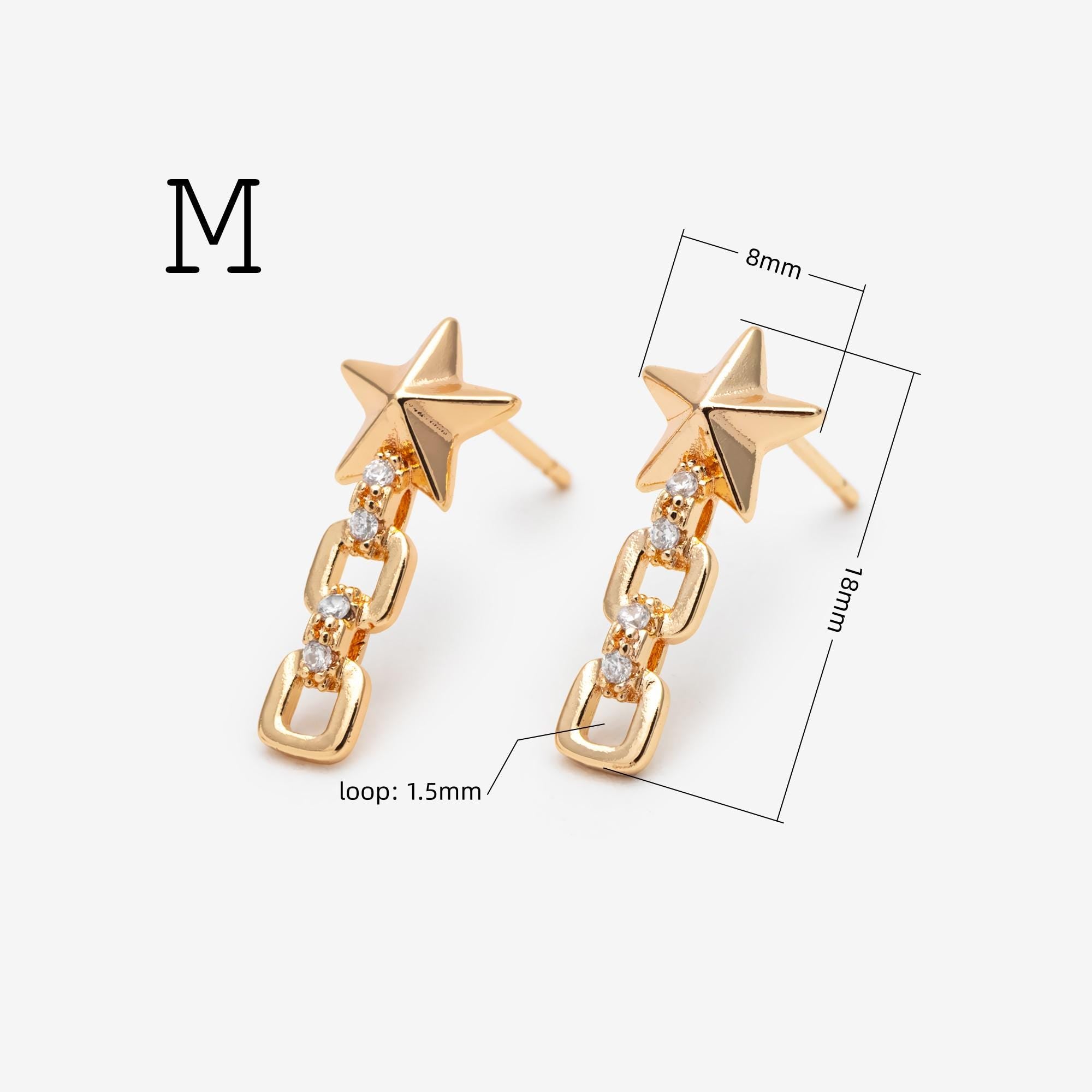 4pcs Moon and Star Earring, Gold Plated Brass Stud Earrings (#GB-311)