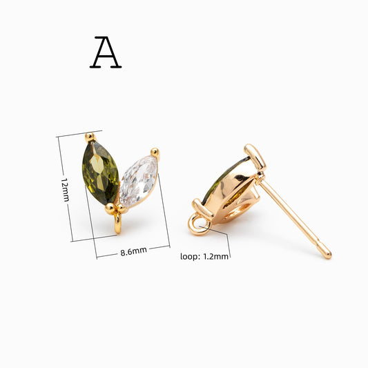 4pcs CZ Pave Flower Heart Earring with Loop, Gold Plated Brass leaf Stud Earrings, Dainty Earring, Wholesale Supplies (GB-314)