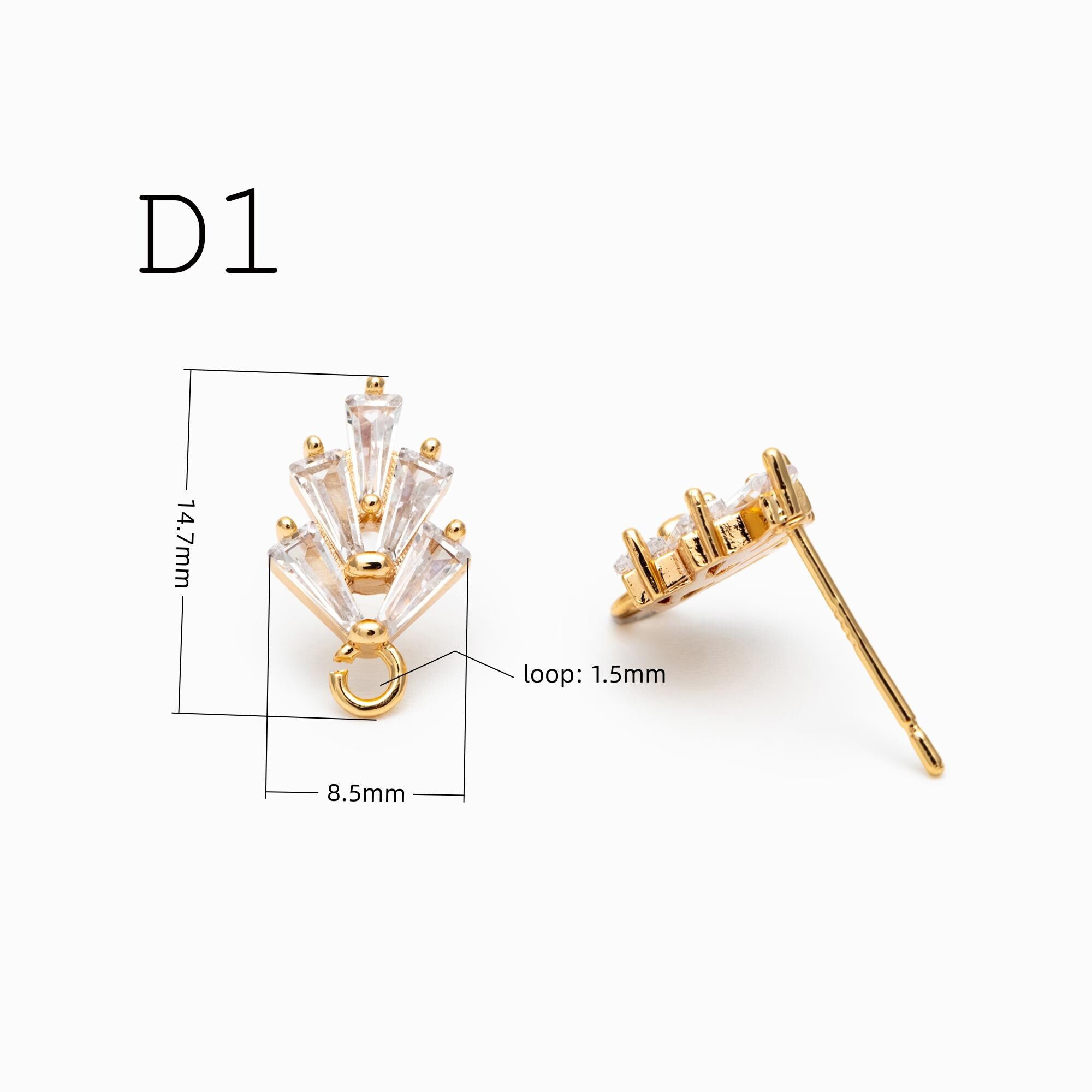 4pcs CZ Pave Flower Heart Earring with Loop, Gold Plated Brass leaf Stud Earrings, Dainty Earring, Wholesale Supplies (GB-314)