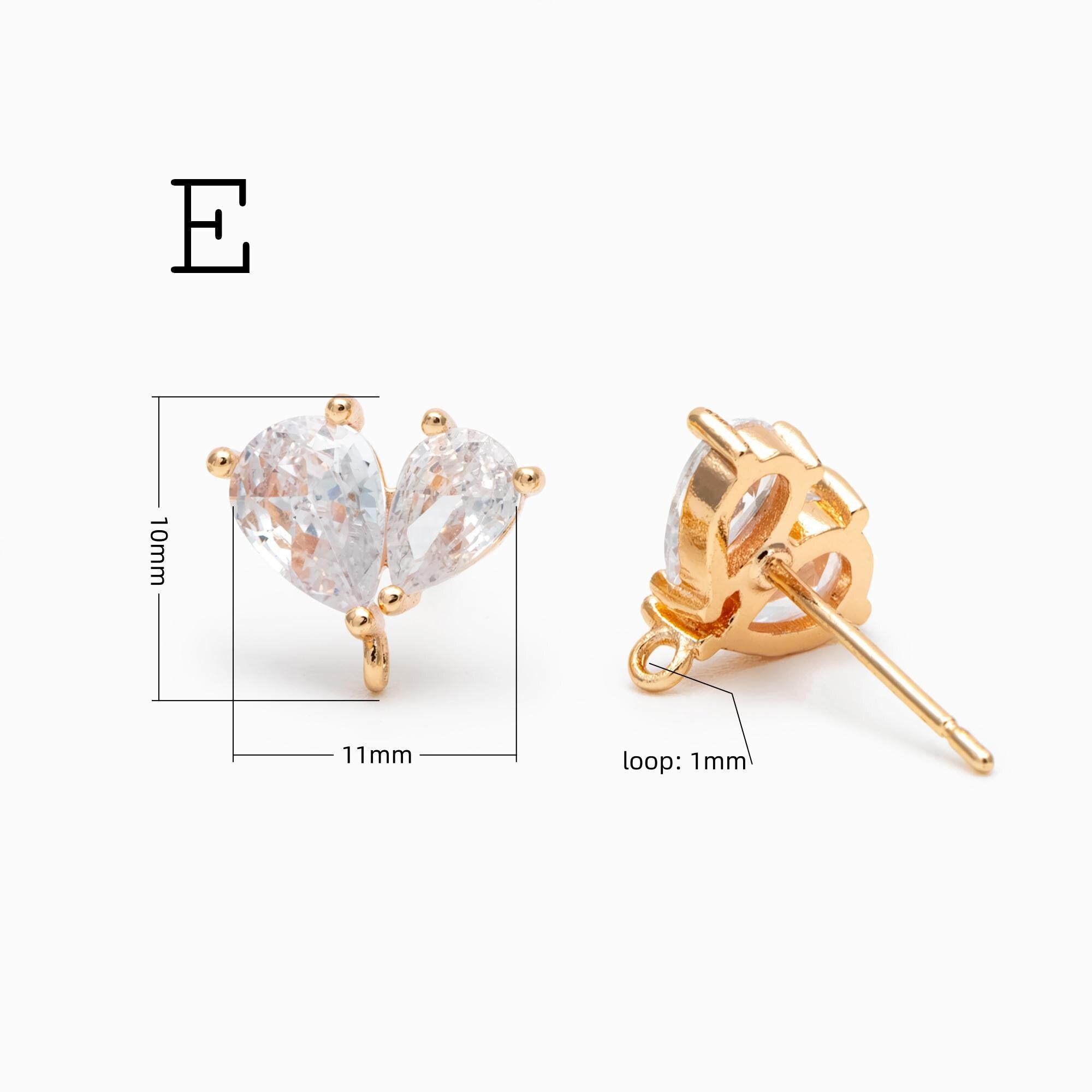 4pcs CZ Pave Flower Heart Earring with Loop, Gold Plated Brass leaf Stud Earrings, Dainty Earring, Wholesale Supplies (GB-314)