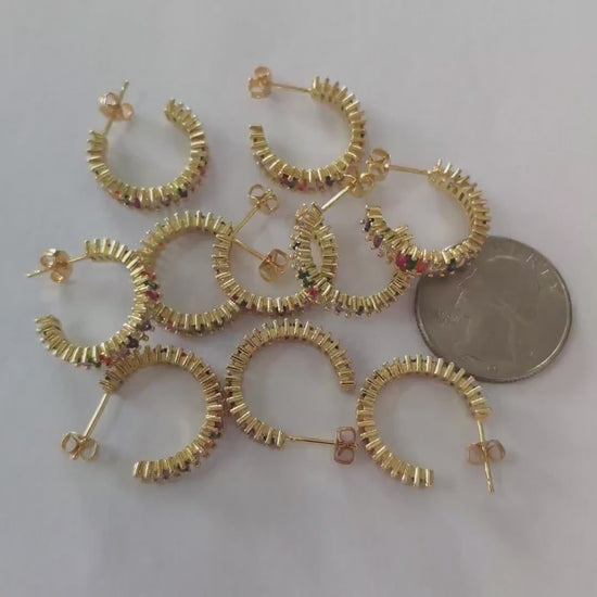 4pcs Gold Colourful CZ Pave Earring Studs, 20mm, 18K Gold Plated Brass Ear Posts (GB-1382)