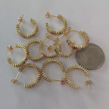 4pcs Gold Colourful CZ Pave Earring Studs, 20mm, 18K Gold Plated Brass Ear Posts (GB-1382)