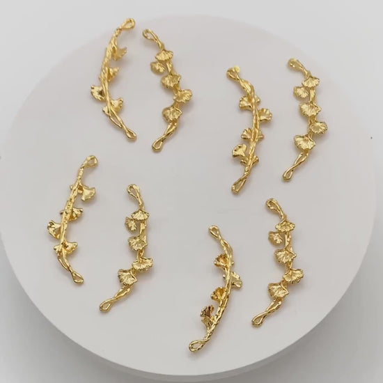 10pcs Gold Ginkgo Leaf Charm Connectors 44x13mm, Real Gold plated Brass, Branch Pendants with Two Loops (GB-3622-J)